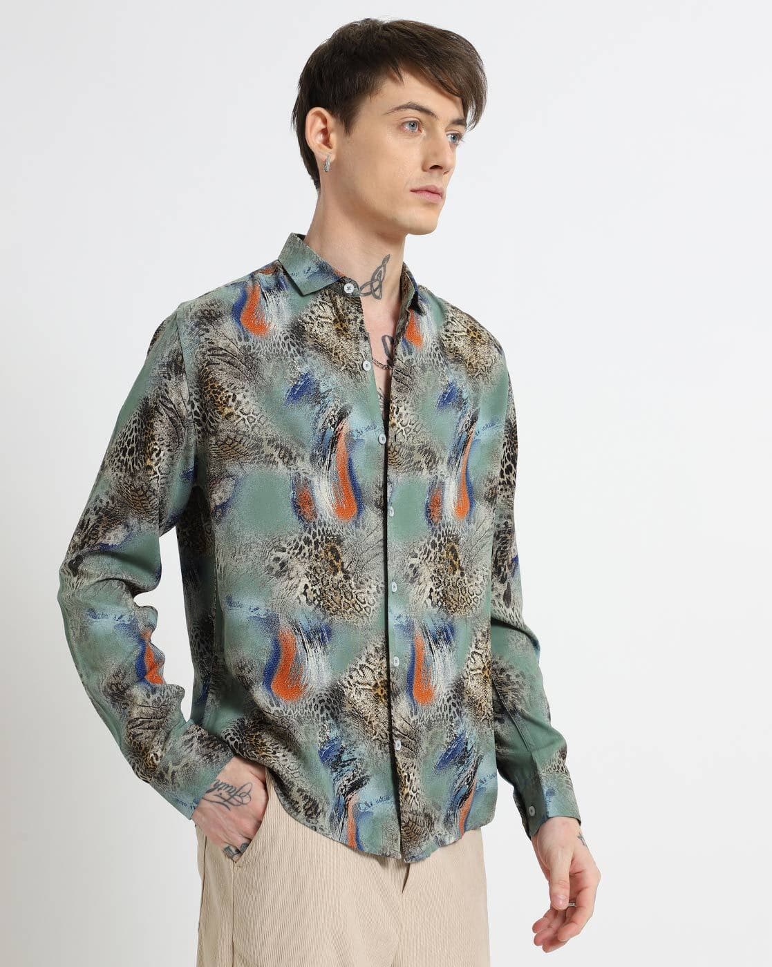 Men's Fish Print Button Down Shirt Men Printed Slim Fit Shirt