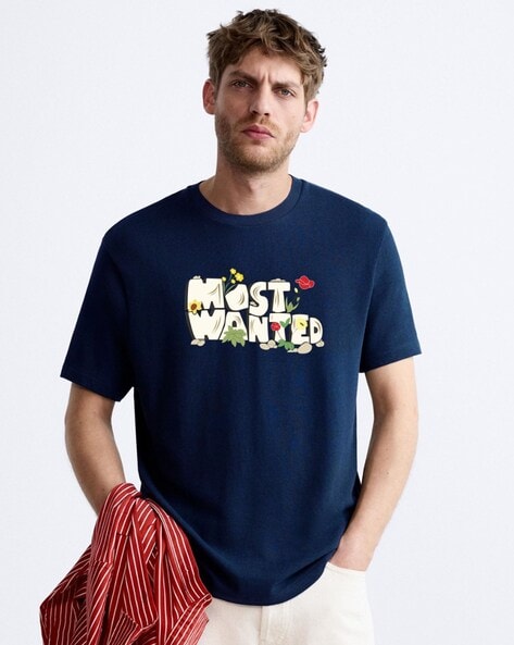 Men Typographic Print Oversized Crew-Neck T-Shirt