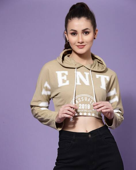 Women Typographic Print Regular Fit Crop Hoodie