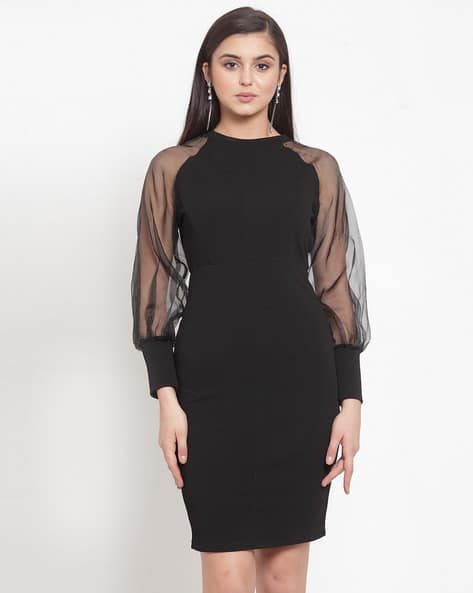 black bodycon dress with roses Aqua Blue Sheer Sleeve Bodycon Maxi Dress – Starin main image 0