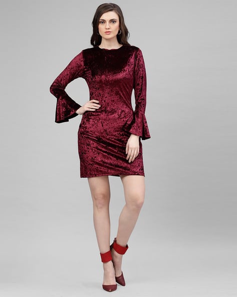 Textured Sheath Velvet Dress with Bell Sleeves