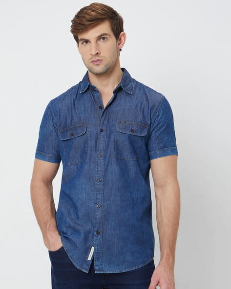 Men Washed Slim Fit Denim Shirt