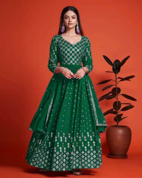 Women Embroidered Semi-Stitched Anarkali Dress Material with Dupatta Price in India