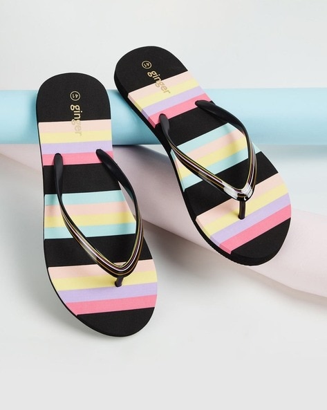 Women Thong Strap Flip Flops with Striped Footbed