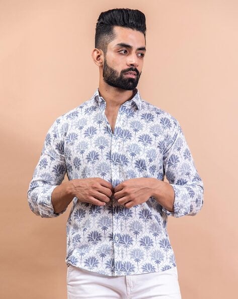 Botanical Print Shirt with Spread Collar