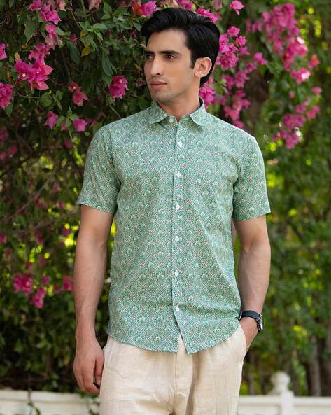 Green flower shirt hotsell