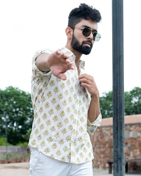 Block Printed Shirt with Spread Collar
