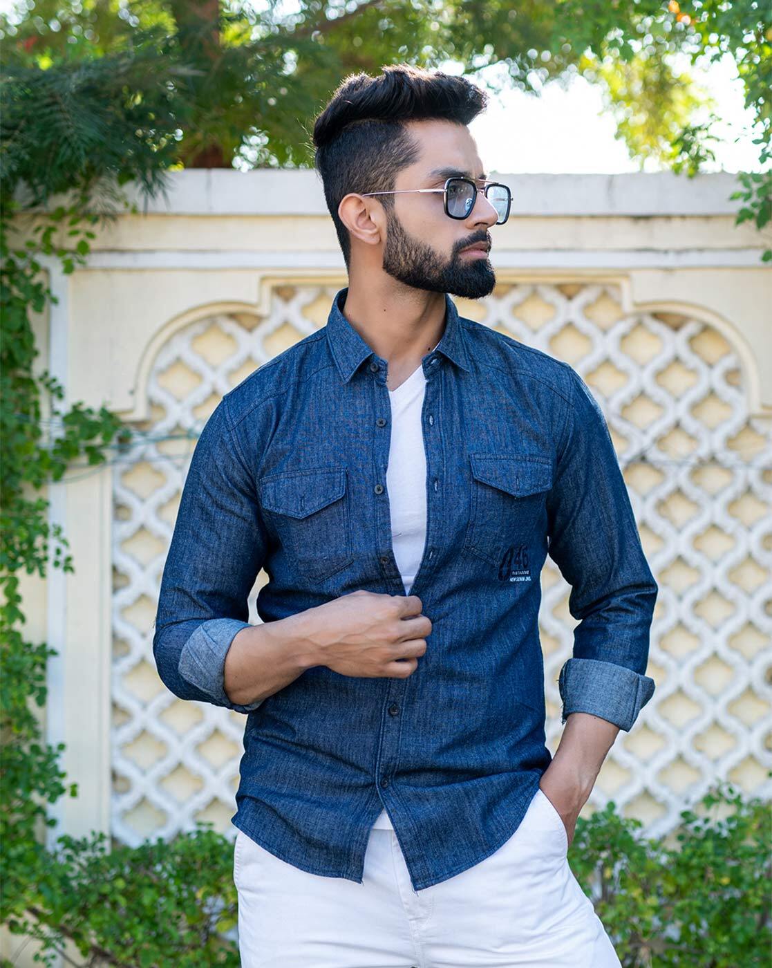 Denim Cargo Shirt with Flap Pockets