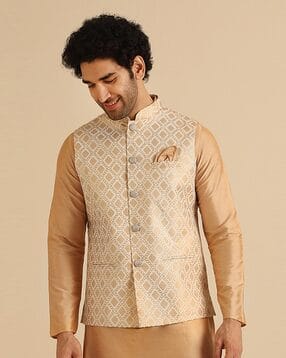 Men Geometric Print Regular Fit Nehru Jacket-image-9