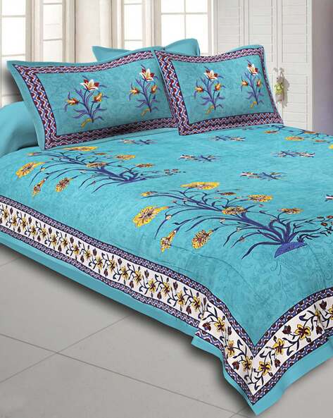 Jaipur Fabric 150 TC Sea Green 100% cotton Printed Double Bedsheet  With 2 Pillow Cover