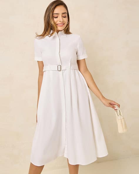 Women Short Sleeve Shirt Midi Dress with Belt