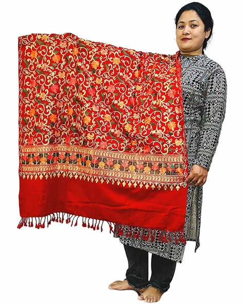 Women Embroidered Shawl with Tassels Price in India