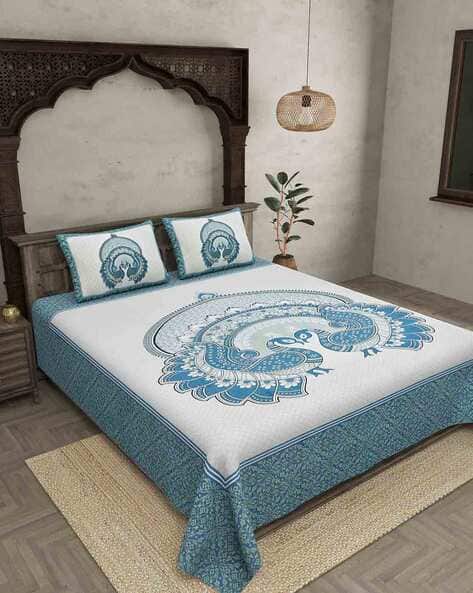 Jaipur Fabric 180 TC Peacock Print Double Bedsheet with Pillow Covers