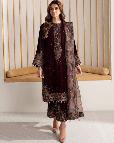 Women Embroidered A-Line Kurta with Pants & Dupatta Price in India