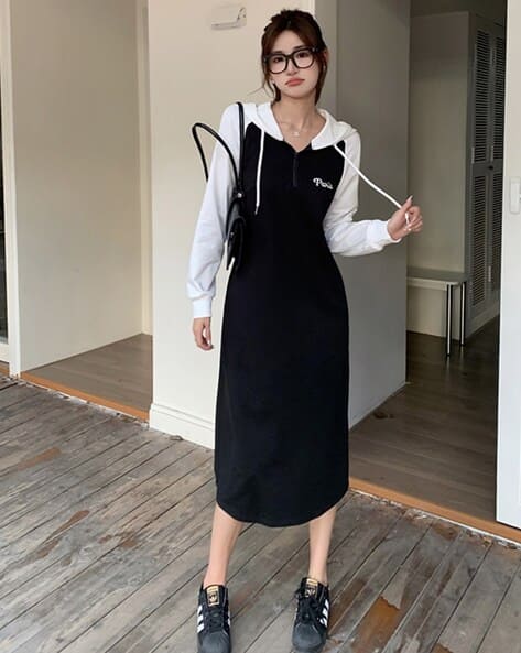 Women Colourblock Long Sleeves Maxi Shift Dress