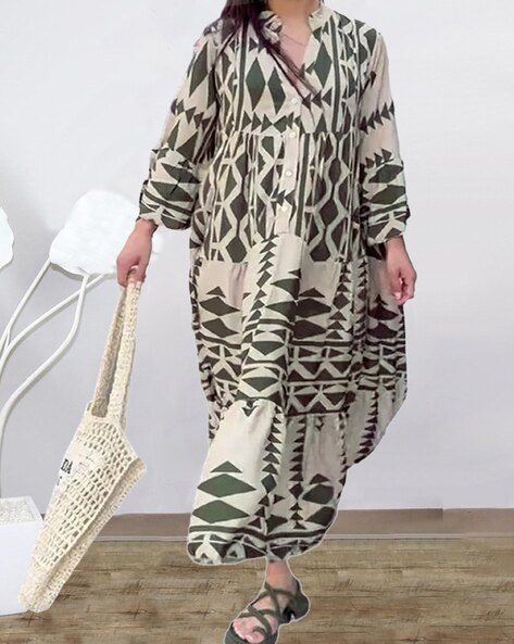 Women Geometric Print Long Sleeves Maxi Shift Dress