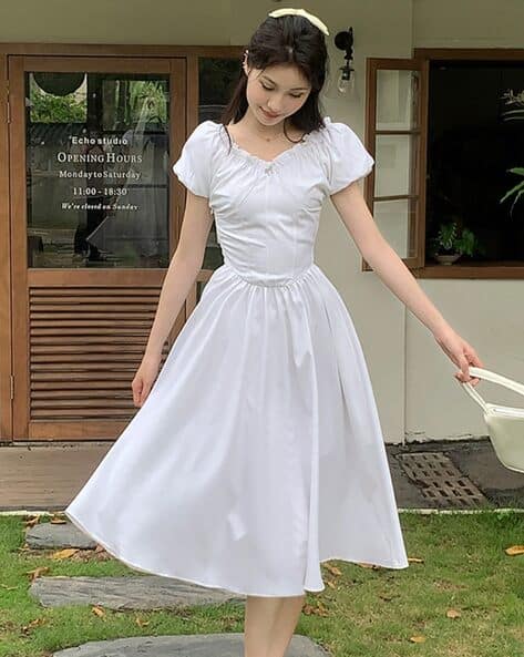 Women A-Line Dress with Puff-Sleeves