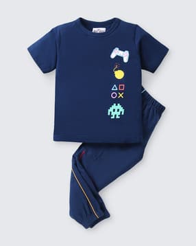 Boys Printed Cotton T-Shirt & Pants Set
