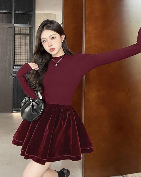 Sevila Long Sleeve Mini Dress Lace Burgundy Skater Dress Maroon
