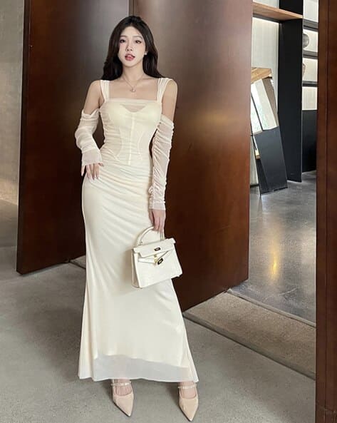 Women Ruched Long Sleeves Maxi Bodycon Dress