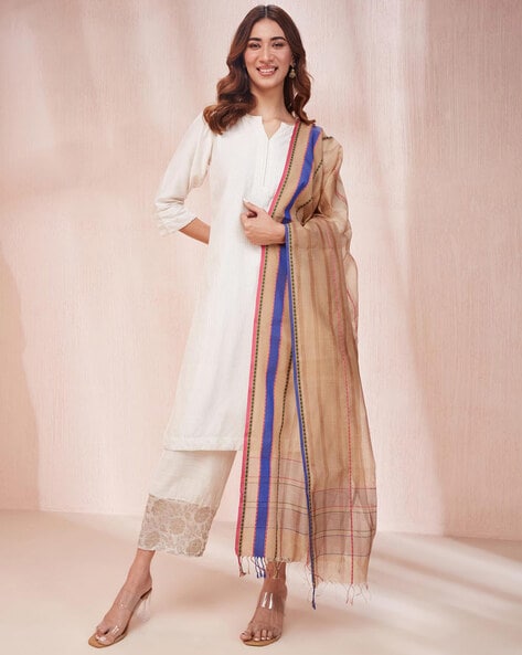 Striped Cotton Silk Dupatta with Tassels Price in India