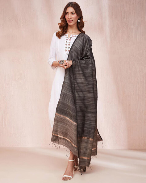 Striped Silk Dupatta with Tassels Price in India