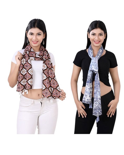 Women Pack of 2 Printed Scarf with Tassels Price in India