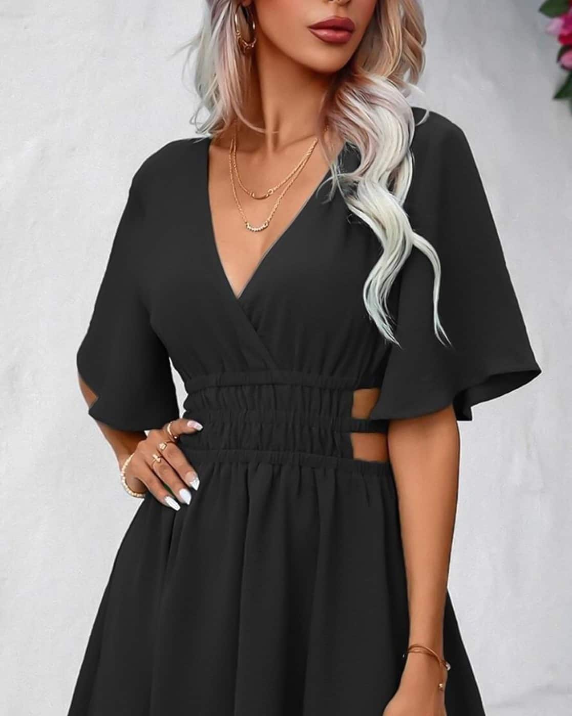 V Neck Black Formal Necklace Women V-Neck A-Line Dress With Short