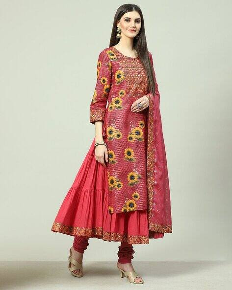 Biba Women Floral Print Straight Kurta Set with Dupatta