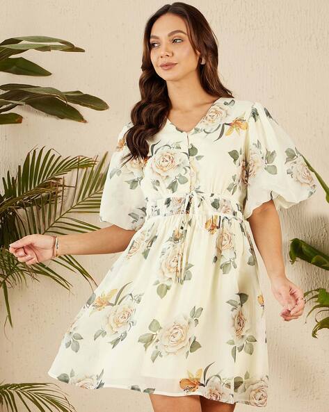 Women Floral Print A-Line Dress with Short Sleeves