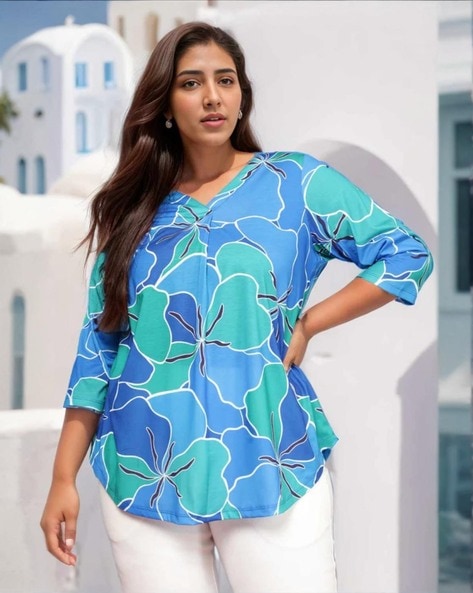 Plus Size Floral Print Top with High Low Hem