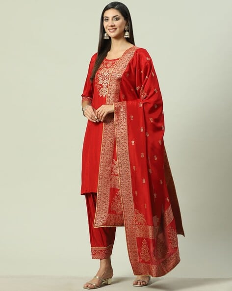 Biba Women Floral Woven Straight Kurta Set with Dupatta