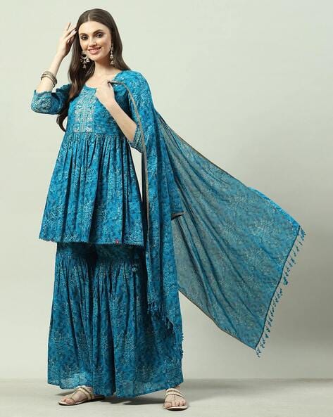 Biba Women Floral Print Anarkali Kurta with Gharara & Dupatta