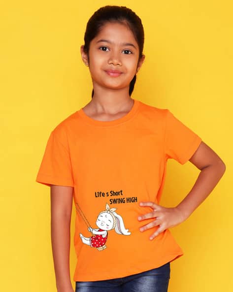 Round Neck Orange T Shirt For Girls Quick Dry Round Neck Kids T
