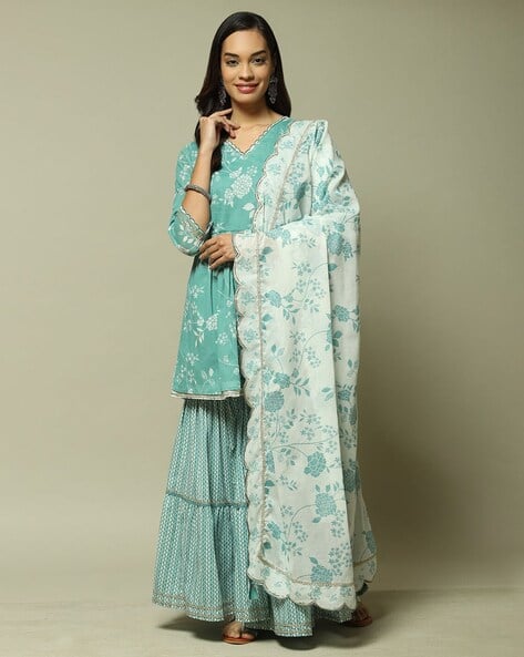 Biba Women Floral Print Flared Kurta Garara Suit Set