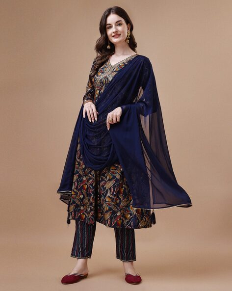 Women Embroidered A-Line Kurta Pants Set with Dupatta Price in India