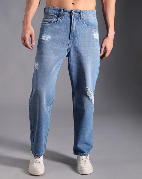 High Star Men Lightly Washed Distressed Relaxed Fit Jeans