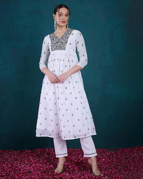 Women Embroidered Flared Kurta with Pants Price in India