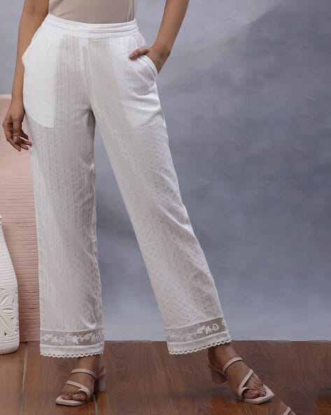 Women Striped Straight Fit Trousers with Insert Pockets