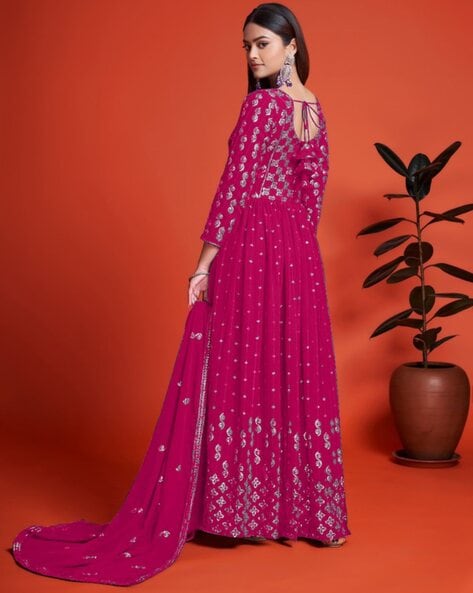Women Embelleished Semi-Stitched Anarkali Dress Material Price in India
