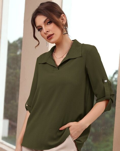 Women Shirt-Styled Top with Roll-Up Sleeves