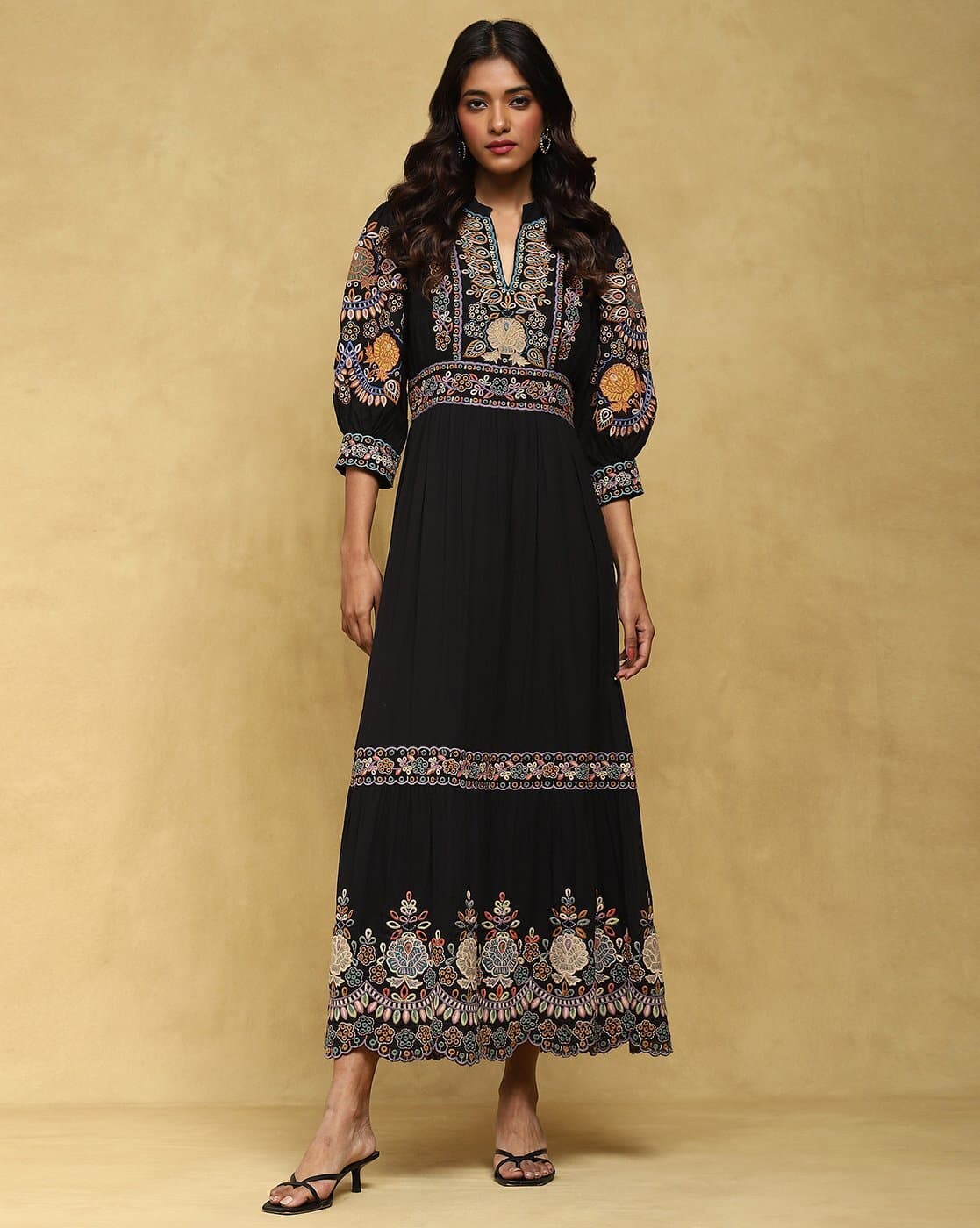 ritu kumar black embroidered dress RI Ritu Kumar Black & Mustard Embroidered Dress With Jacket – Saris and  Things main image 0