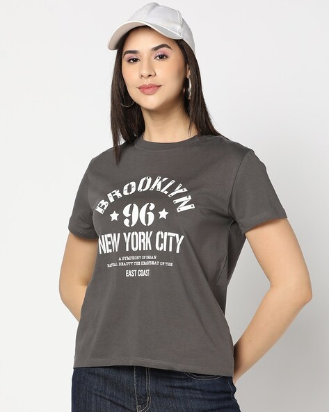 Women Typographic Print Boxy Fit Crew-Neck T-Shirt