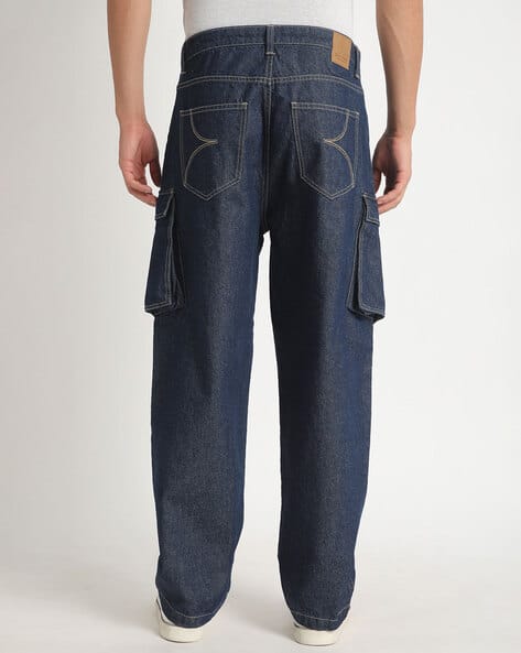 Men Cotton Baggy Mid-Rise Clean Jeans with Flap Pockets