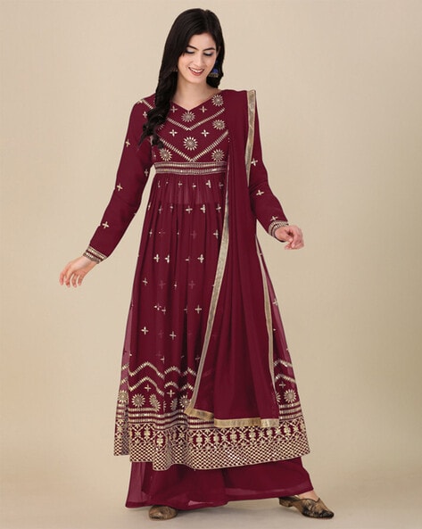 Women Embroidered Semi-Stitched Anarkali Dress Material Price in India