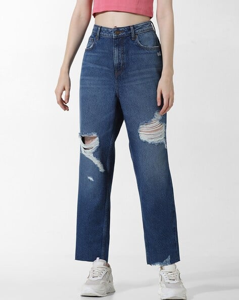 Women Heavily-Distressed Straight Jeans