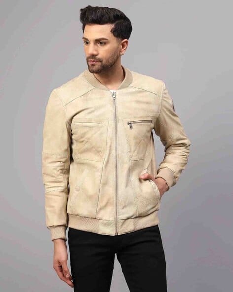 Buy Saint G Leather Regular Fit Zip-Front Bomber Jacket