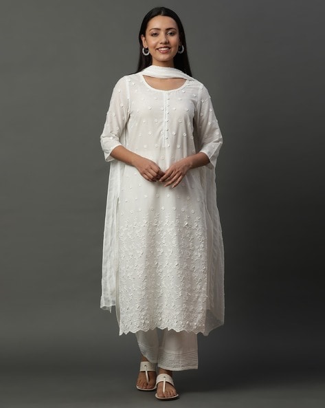 Women Embroidered Straight Kurta with Pants & Dupatta