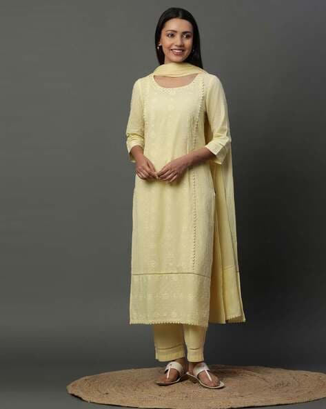 Women Embroidered Straight Kurta with Pants & Dupatta