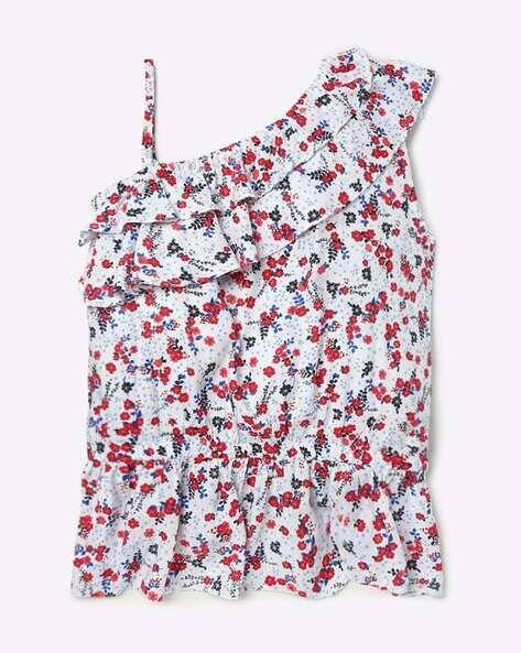 Floral Print Peplum Top with Asymmetric Sleeves